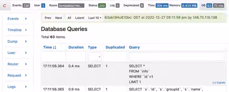 Debug toolbar db panel