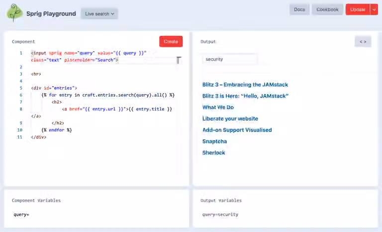Sprig playground live search